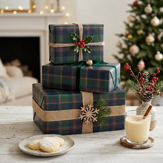 Papier Cadeau Dark Navy Blue Red Green Plaid Wrapping Paper