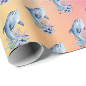 Papier Cadeau Dauphins et fleurs sur l'Arrière - plan arc-en-cie (Coin rond)