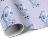 Papier Cadeau Dauphins et fleurs sur violet (Coin rond)