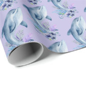Papier Cadeau Dauphins et fleurs sur violet (Coin rond)