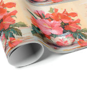 Papier Cadeau De Belles Fleurs Hibiscus, Roses/Rouges, (Coin rond)