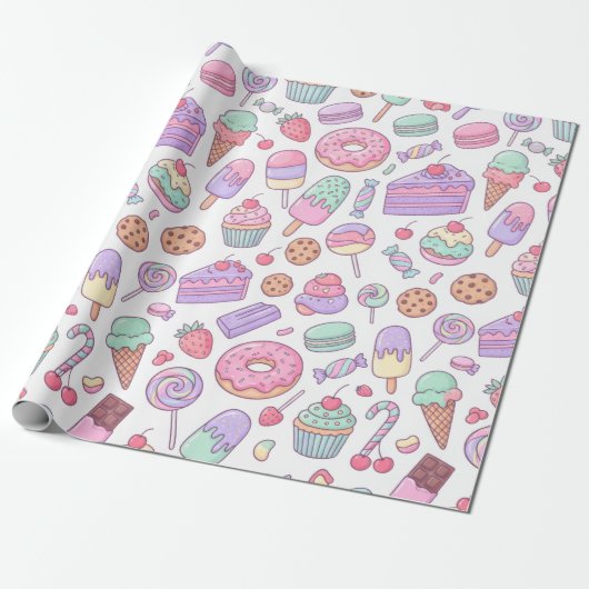 Papier Cadeau de Desserts Pastels Doux (Déroulé)