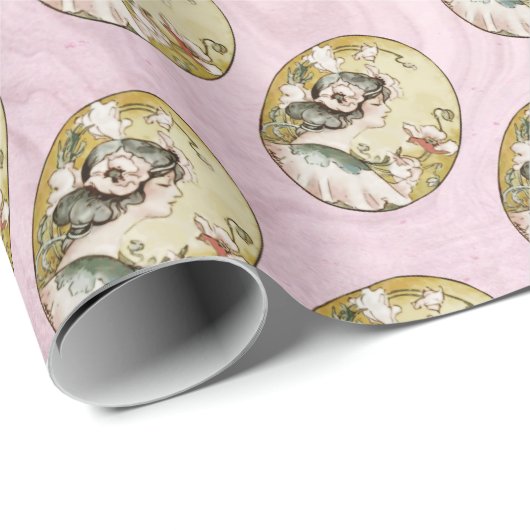 Papier cadeau de femme victorienne Vintage rose (Coin rond)