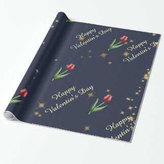 Papier Cadeau De magnifiques tulipes rouges et étoiles dorées 