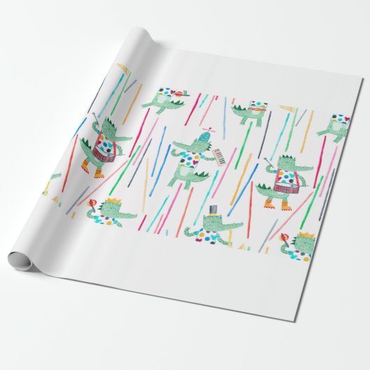 Papier Cadeau De mignons alligators avec des instruments de musi (Déroulé)