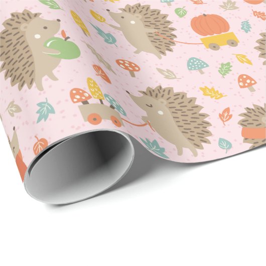 Papier Cadeau De mignons hérissons avec des petits Feuille roses (Coin rond)
