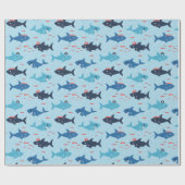 Papier Cadeau De mignons requins drôles avec des casquettes pira (Plat)