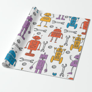 Papier Cadeau De mignons robots à doodle. Motif sans couture. Ch
