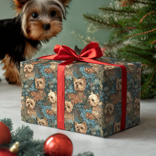 Papier Cadeau De mignons Yorkshires dans un jardin vintage