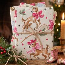 Papier cadeau de Noël au renne western rose
