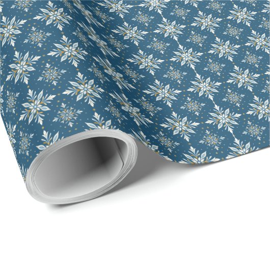 Papier Cadeau de Noël Fleur de Neige Or Bleu (Coin rond)