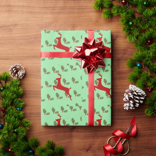 Papier cadeau de Noël Renne & Houx Classique (Cadeau de vacances)