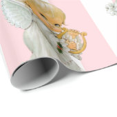 Papier cadeau de Noël rose et blanc à rayures Ange (Coin rond)
