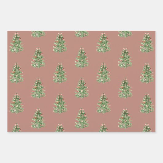 Papier cadeau de Noël rose vert Arbres de Noël Bow (Devant)