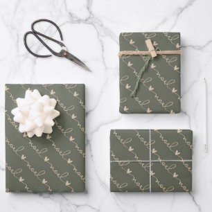 Papier Cadeau de Noël Vert Manuscrit Cœurs