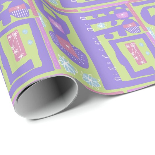 Papier Cadeau Décal Floral Ethnic Print Purple Vert Blanc (Coin rond)