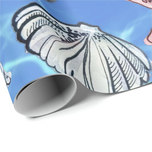 Papier Cadeau Décor Côtier Coquillage Océan Eau (Coin rond)