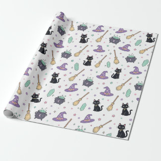 Papier Cadeau Décor d'anniversaire de chat noir ensorcelant pour