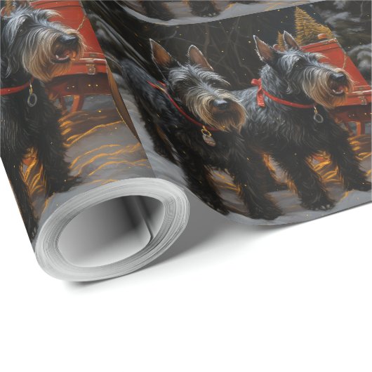 Papier Cadeau Décor de Noël écossais Terrier Snowy Sleigh (Coin rond)