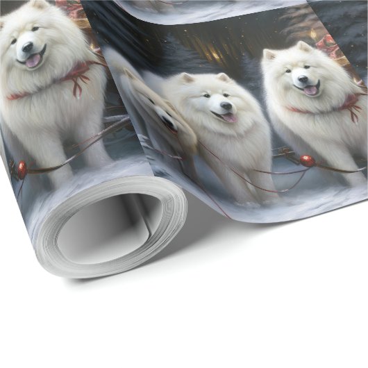 Papier Cadeau Décor de Noël Samoyed Snowy Sleigh (Coin rond)