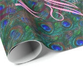 Papier Cadeau Décor de style gravure à plumes de paon de minuit (Coin rond)