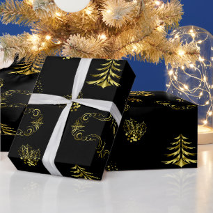 Papier Cadeau Décorations dorées sur Noël noir