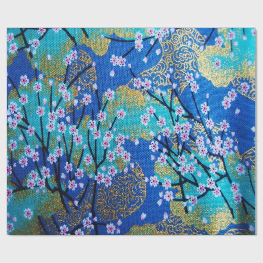 Papier Cadeau Découpage en fleurs de cerisier japonais d'or bleu (Plat)