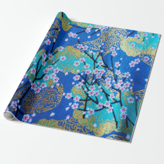 Papier Cadeau Découpage en fleurs de cerisier japonais d'or bleu