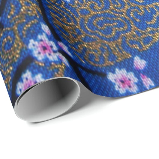 Papier Cadeau Découpage en fleurs de cerisier japonais d'or bleu (Coin rond)