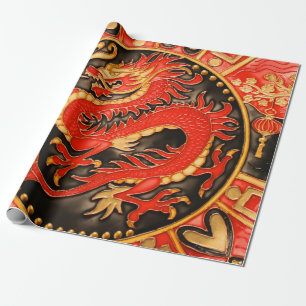Papier Cadeau Découpage en or rouge dragon chinois traditionnel