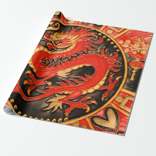 Papier Cadeau Découpage en or rouge dragon chinois traditionnel (Déroulé)