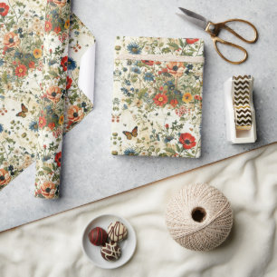 Papier Cadeau Découpage fleur sauvage et papillon : Art Vintage