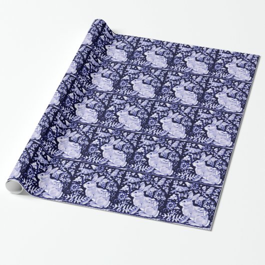 Papier Cadeau Dedham Blue Rabbit, Classic Blue & White Design (Déroulé)