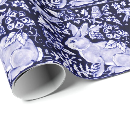 Papier Cadeau Dedham Blue Rabbit, Classic Blue & White Design (Coin rond)