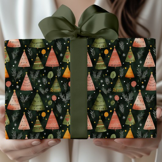 Papier Cadeau Deep Forest Green Nordic Christmas Tree Pattern