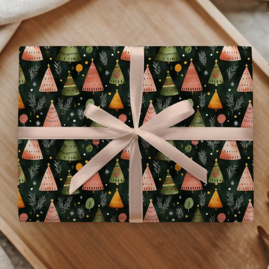 Papier Cadeau Deep Forest Green Nordic Christmas Tree Pattern