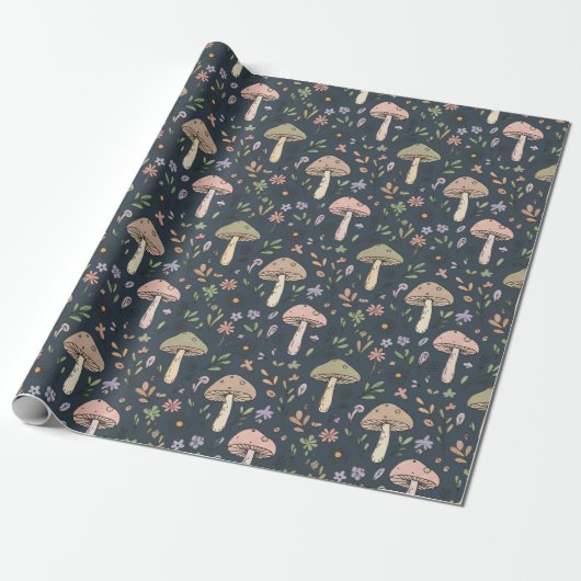 Papier Cadeau Deep Slate Blue Moody Mushroom Seamless Pattern (Déroulé)