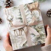 Papier Cadeau Deer Watercolor Sage Green Winter Forest