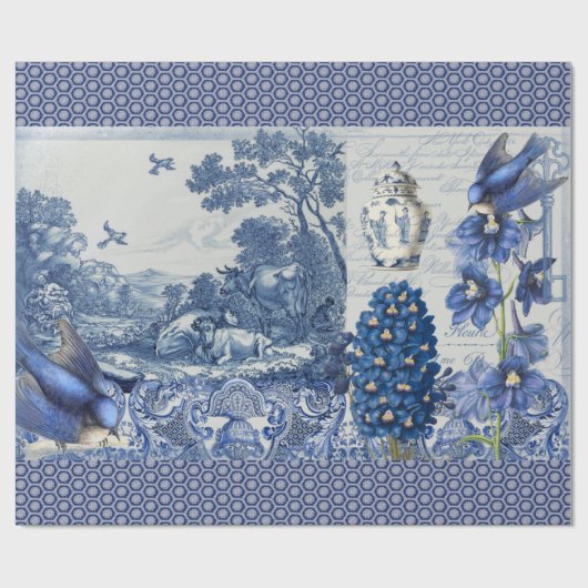 Papier Cadeau Del Bleu Blanc Fleur Oiseau Collage Découpage (Plat)