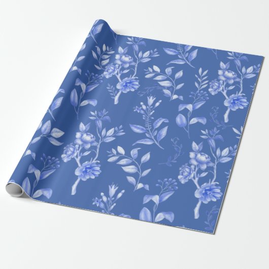 Papier Cadeau Delft Bleu Blanc Botanique Chinoiserie Florale (Déroulé)