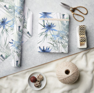 Papier Cadeau Délicat motif floral bleu clair zen