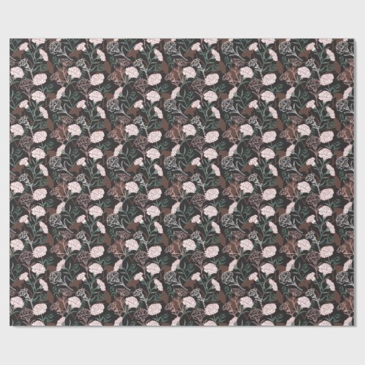 Papier Cadeau Délicates oeillets roses avec fleurs Feuilles vert (Plat)