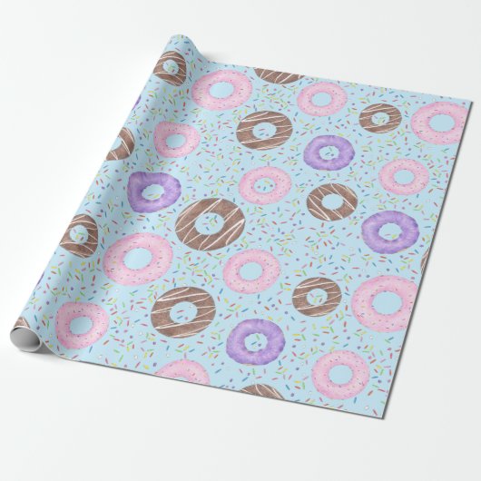 Papier Cadeau Delicious Donuts Wrapping Paper on Blue (Déroulé)