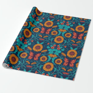Papier Cadeau Délires Art Nouveau en bleu et jaune