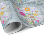 Papier Cadeau Denim Back Fleurs de poche Paix Aimer Espoir (Coin rond)