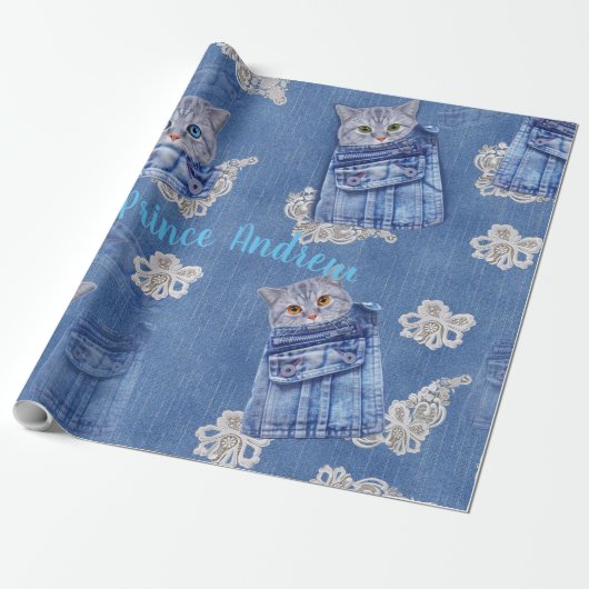 Papier Cadeau Denim Jean poches, chatons et dentelle (Déroulé)