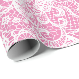 Papier Cadeau Dentelle blanche sur rose