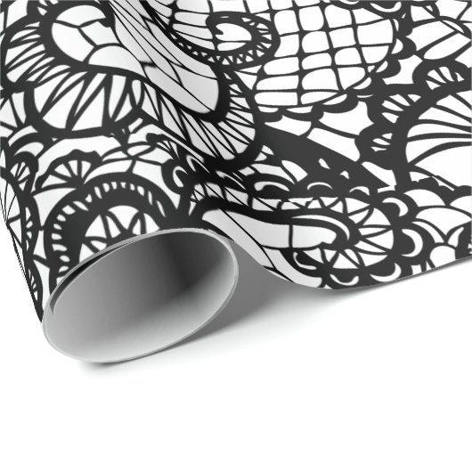 Papier Cadeau Dentelle noire en blanc (Coin rond)