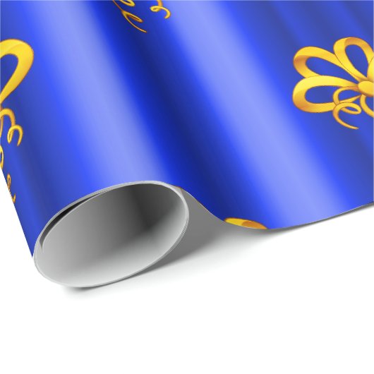 Papier Cadeau Des Bows en or pour Noël bleu (Coin rond)