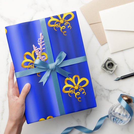 Papier Cadeau Des Bows en or pour Noël bleu